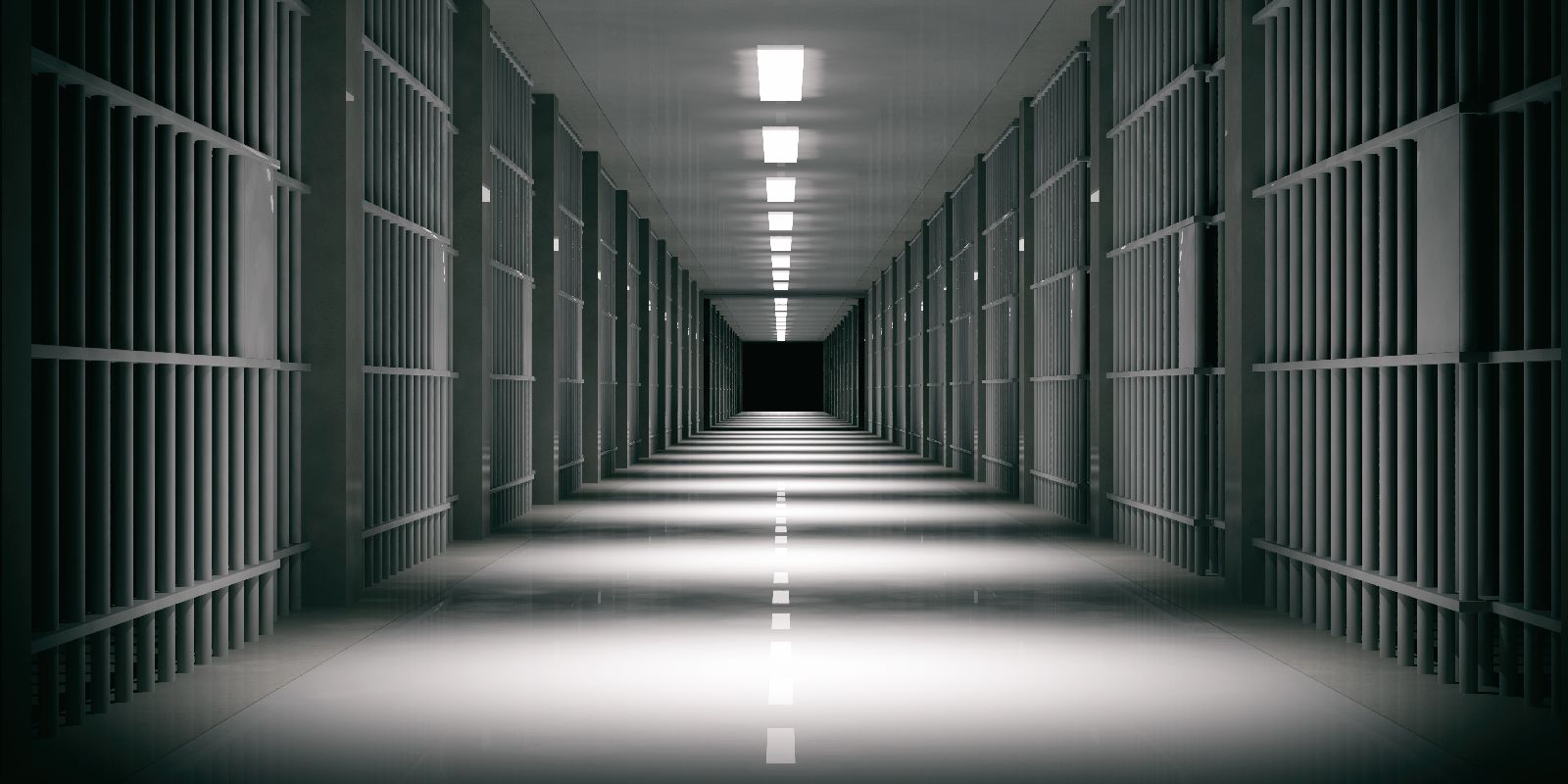 Prison interior. Jail cells and shadows, dark background. 3d illustration