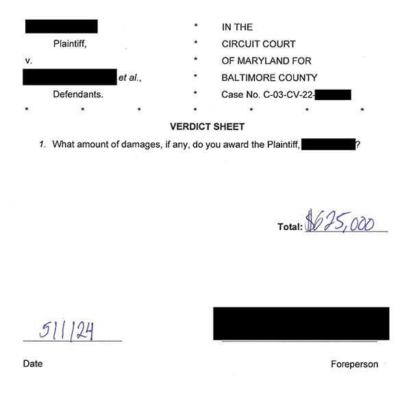 NEW VERDICT: $625k in Baltimore County Circuit Court